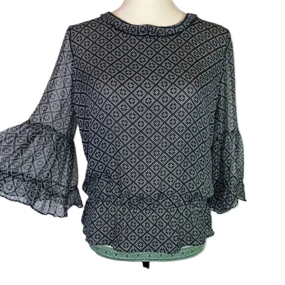 Kobi Halperin Silk Diamond Print Sheer Blouse Bell Sleeves Size M - Picture 2 of 10